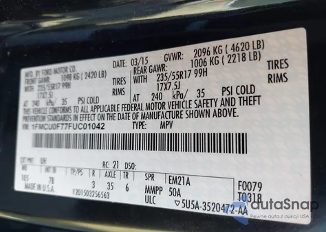 2015 Ford Escape S z USA, uszkodzony, nr VIN 1FMCU0F77FUC01042